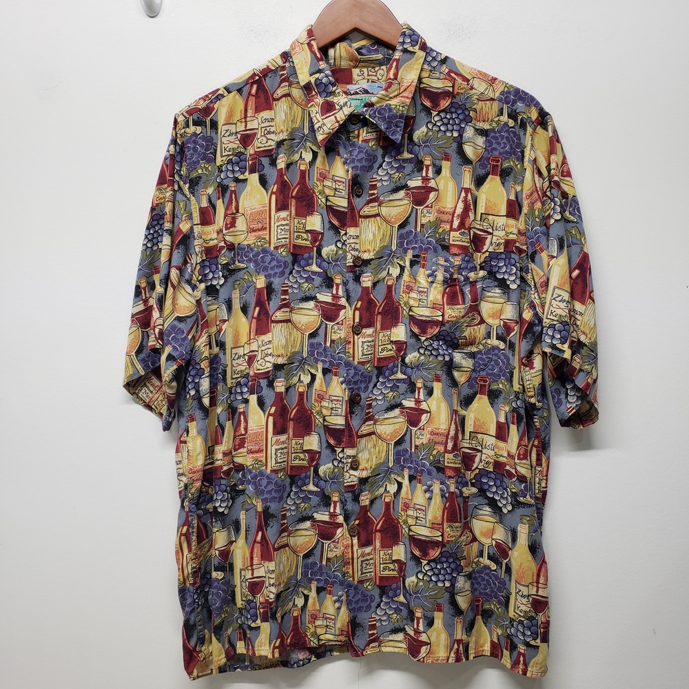 Reyn Spooner Hawaiian Traditional Wine Novelty Print Size L Aloha Shirt Retro